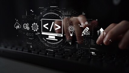 Modern web development concept featuring coding symbols, web development process, web development interface, and web development tools with futuristic design. Muxer