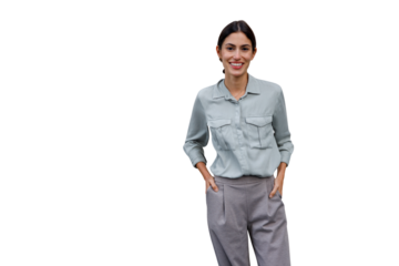 Young businesswoman smiling, showing confidence and professionalism. Ready for business, isolated with ample copy space