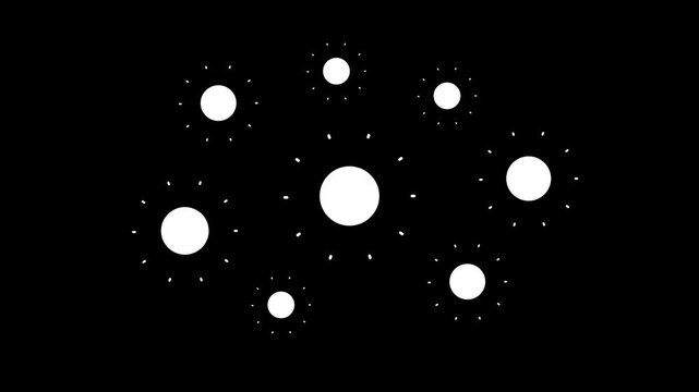 Circles fireworks explosion line shape blast animation, circle bursting, geometric effects, flat vector random explosion, pop-up line animation, line blast Fx cartoon firework element on black screen.