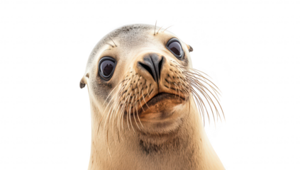 A close-up portrait of a curious seal with large expressive eyes and prominent whiskers. set against a clean white background. the beauty of marine wildlife
