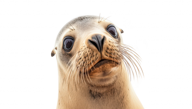 A close-up portrait of a curious seal with large expressive eyes and prominent whiskers. set against a clean white background. the beauty of marine wildlife