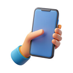 Stylized 3d hand holding a modern smartphone with a blank blue screen