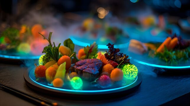Illuminated edible display vibrant futuristic food presentation with glowing lights and steam in dark ambiance