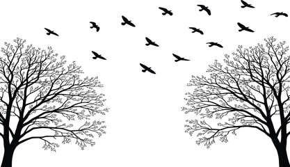 Black and white tree silhouette with flying birds, dramatic nature composition, curved flight path, minimal forest artwork, motion and stillness contrast