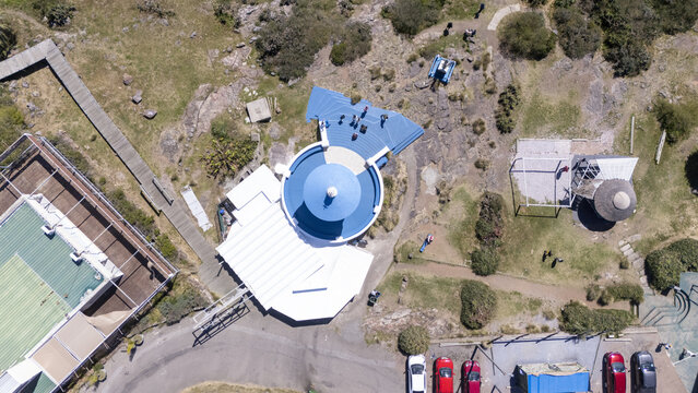 Aerial view of the stark white and deep blue structure of Cerro San Antonio contrasting with the rugged landscape, Piri&Atilde;&iexcl;polis, Maldonado Department, Uruguay.