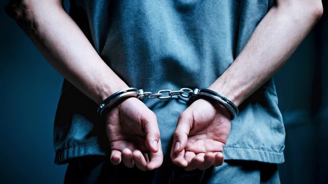 A person's hands being cuffed behind their back. Arrest, law enforcement, punishment, legal consequences.