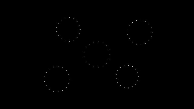 Dynamic cartoon fireworks visual featuring hand-drawn circle explosions, zigzag stroke bursts, and randomly popping line shapes with vibrant white glow effects on black screen background. 4k video
