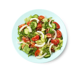 Delicious salad with squid, vegetables and walnuts isolated on white, top view