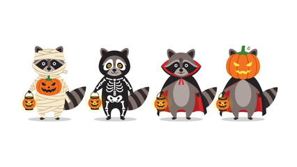 Halloween Raccoon Masquerade: A delightful ensemble of four adorable raccoons, each dressed in festive Halloween costumes and holding miniature lanterns, evoke the spirit of spooky season.  © Tahura