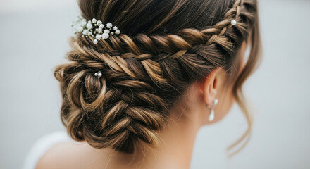Bride hairstyle for a special day, featuring a beautiful updo and elegant braids. Updo showcases intricate detail and sophisticated styling, highlighting artistic arrangement of woven strands,