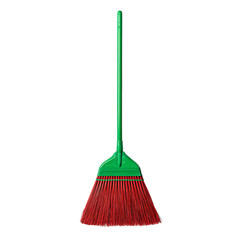 Png of full shot of a red and green broom isolated on transparent background, perfect for sweeping floors and cleaning