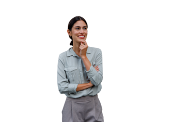 Businesswoman thinking, finding inspiration, generating new ideas, smiling, looking up on transparent background
