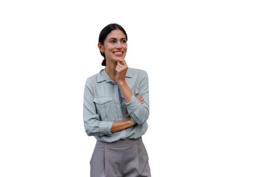 Businesswoman thinking, finding inspiration, generating new ideas, smiling, looking up on transparent background - Powered by Adobe