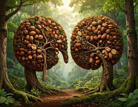 Two kidney-shaped trees in a forest