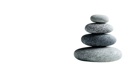 Balanced gray zen stones stacked delicately in vertical pile showing harmony, meditation, and spa relaxation concept isolated on white background