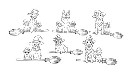 Whimsical Witches' Gathering: Adorable cartoon of dogs dressed as witches are poised on broomsticks, ready for a spellbinding celebration. A charming and fun Halloween-themed drawing.