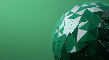 A geometric, green sphere composed of triangular facets, featuring a blend of shiny surfaces and a smooth background.