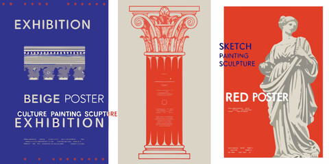 Artistic exhibition posters featuring classical architecture and sculpture in bold colors
