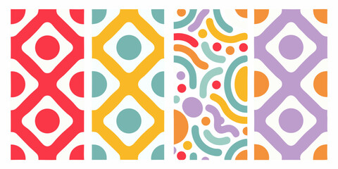 Four vibrant geometric and organic patterns in a row with a retro feel