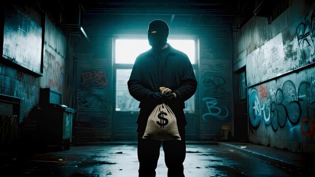 A person with a mask and black gloves holding a bag of money. Heist, robbery, illegal activity, crime