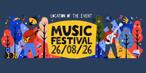 Vibrant music festival banner with musicians playing guitars and festive decorations