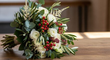Fototapeta premium Elegant bouquet with greenery and berries lying on wooden surface creates fresh and natural mood. This elegant bouquet arrangement features lush foliage, delicate white flowers,
