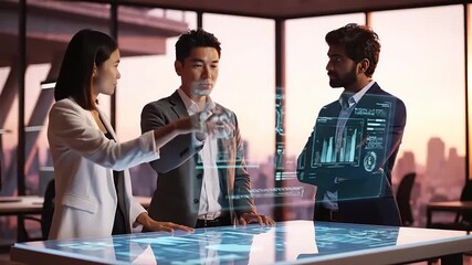 Multicultural business experts analyze data on a futuristic interactive holographic table in a modern corporate meeting for innovative strategy - Powered by Adobe