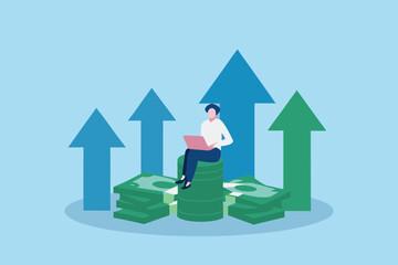 Person sitting on stack of money using laptop with upward trending arrows indicating financial growth