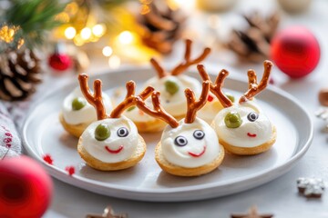 Obraz premium Festive reindeer cupcakes with cream frosting and pretzel antlers for holiday celebrations