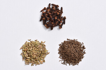 Cloves, fennel and caraway on a white background