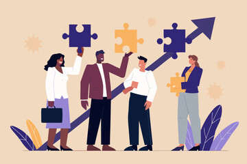 Diverse team collaborating and connecting puzzle pieces to achieve business growth and success