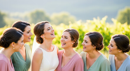 Wedding day with bride and bridesmaids, celebrating in elegant dresses outdoors. Wedding day with laughing girls shows joy, support, and friendship in natural light.