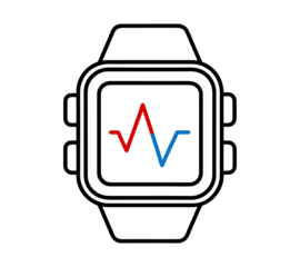 Modern Smartwatch with Red and Blue Heart Rate Monitor Graph isolated on transparent background. Fitness Tracker Vector Illustration. Health Monitoring ECG Waveform on Watch.