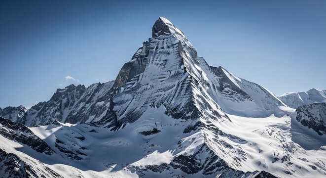 The iconic matterhorn mountain, covered in snow, stands tall against a clear blue sky, a symbol of the swiss alps and natural beauty