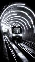 Naklejka premium train travels through a neon-lit tunnel at night in an urban setting