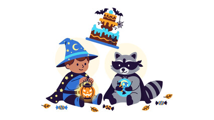 Magical Halloween Gathering: A charming illustration of a child dressed as a wizard and a raccoon in a superhero mask. The scene includes a cake with bats and candy.