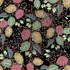 Watercolor  seamless pattern with autumn leaves and red berries  on a black background.  Hand drawing illustration for decoration fabric. 