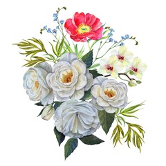 Watercolor bouquet of roses, peony, orchidea and blue wild flowers on white background.  Hand drawing illustration for decor interior. 