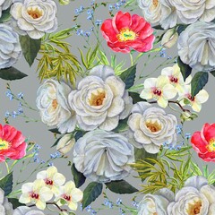 Watercolor bouquet of roses on gray background.  Seamless pattern for decoration papers and fabric. 