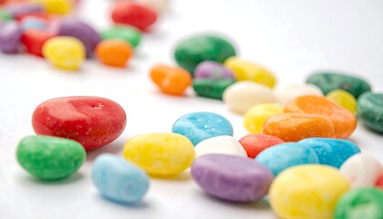 Colorful round candies scattered on a white background