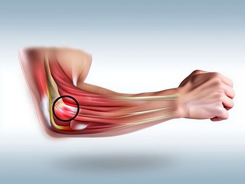 3D medical illustration of right elbow lateral view showing common extensor tendon at lateral epicondyle with red highlighted lesion, concept of lateral epicondylitis (tennis elbow), outer elbow pain.