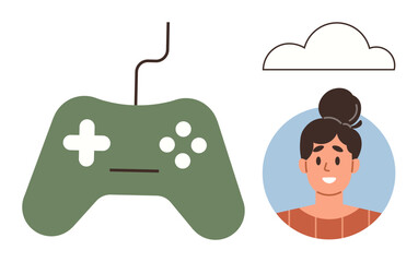 Green gaming controller, smiling female avatar, cloud symbol signify gaming, online engagement, connectivity, tech interface, user interaction, entertainment, modern communication simple flat