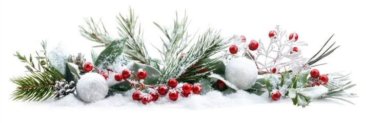Frosted winter berries and pine branches with snow-covered pine cones on white background