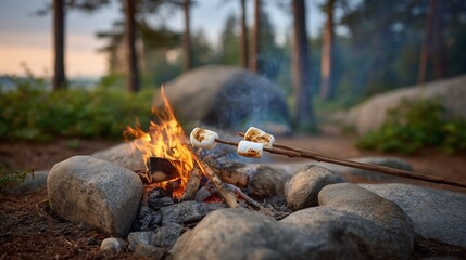 Obraz premium Marshmallow fire scene with two skewers roasting above glowing campfire at twilight, soft steam rising, blue hour forest backdrop, cozy cinematic outdoor mood, camping lifestyle concept, travel vibe.