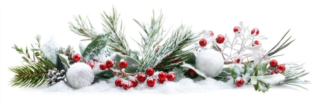 Frosted winter berries and pine branches with snow-covered pine cones on white background
