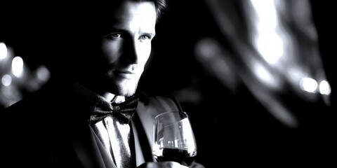 Elegant man in tuxedo holding wine glass at a formal event during evening hours