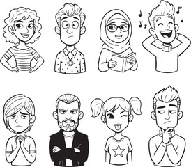 Diverse Cartoon Faces Expressing Various Emotions