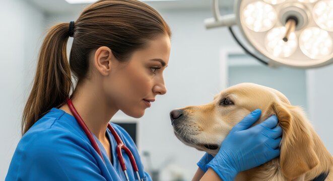 Veterinarian Gently Examines Golden Retriever Dog During Checkup