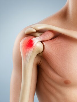 Medical close-up of right shoulder joint with narrowed subacromial space and irritated supraspinatus tendon, detailed anatomy visualizing shoulder impingement and subacromial pain condition.