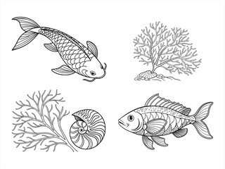 coloring page line art the sea fan black vector bundle